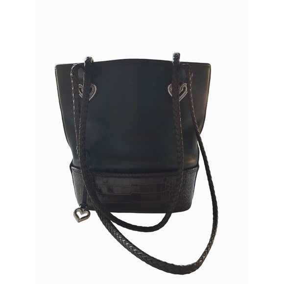 Brighton Black with Brown Crocodile Pattern Leather Tote Bucket Shoulder Bag - Picture 1 of 10